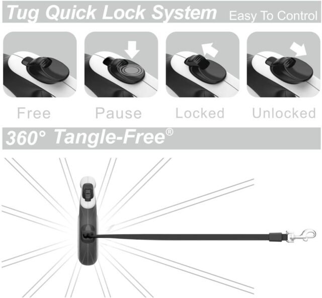 TUG 360° Tangle-Free Retractable Dog Leash | 16 ft Strong Nylon Tape | One-Handed Brake, Pause, Lock (Medium, White) - Image 3