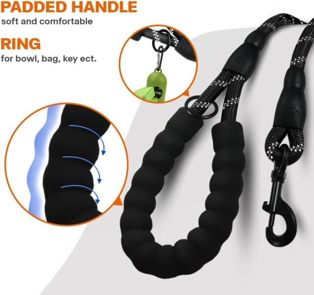 Taglory Rope Dog Leash 6 FT with Comfortable Padded Handle, Highly Reflective Threads Leash for Medium Large Dogs, 1/2 inch, Black - Image 5
