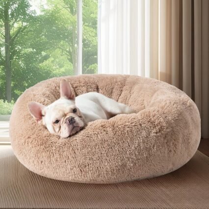 Bedsure Calming Dog Bed Medium Size Dog - Donut Washable Medium Pet Bed, 30 inches Anti-Slip Round Fluffy Plush Faux Fur Cat Bed, Fits up to 45 lbs Pets, Camel