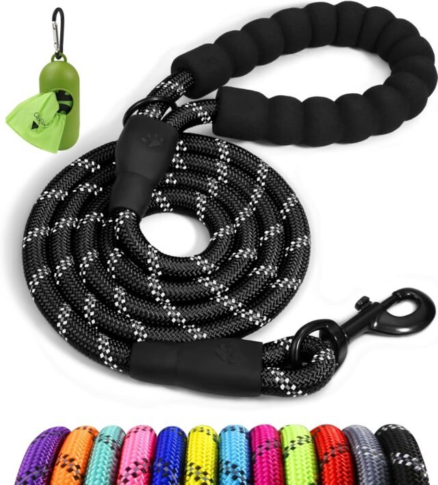 Taglory Rope Dog Leash 6 FT with Comfortable Padded Handle, Highly Reflective Threads Leash for Medium Large Dogs, 1/2 inch, Black