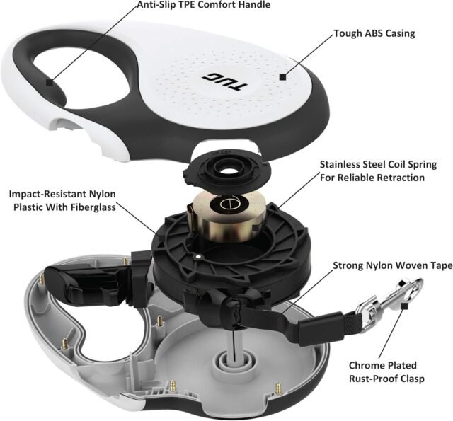 TUG 360° Tangle-Free Retractable Dog Leash | 16 ft Strong Nylon Tape | One-Handed Brake, Pause, Lock (Medium, White) - Image 5