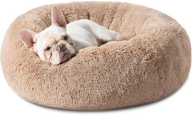 Bedsure Calming Dog Bed Medium Size Dog - Donut Washable Medium Pet Bed, 30 inches Anti-Slip Round Fluffy Plush Faux Fur Cat Bed, Fits up to 45 lbs Pets, Camel - Image 3