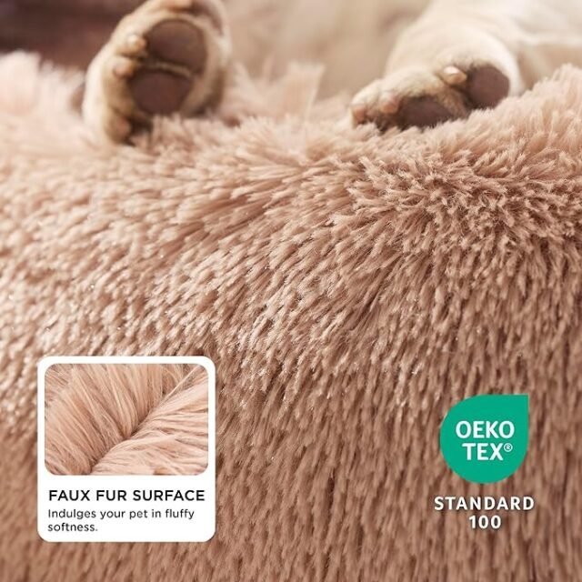 Bedsure Calming Dog Bed Medium Size Dog - Donut Washable Medium Pet Bed, 30 inches Anti-Slip Round Fluffy Plush Faux Fur Cat Bed, Fits up to 45 lbs Pets, Camel - Image 5