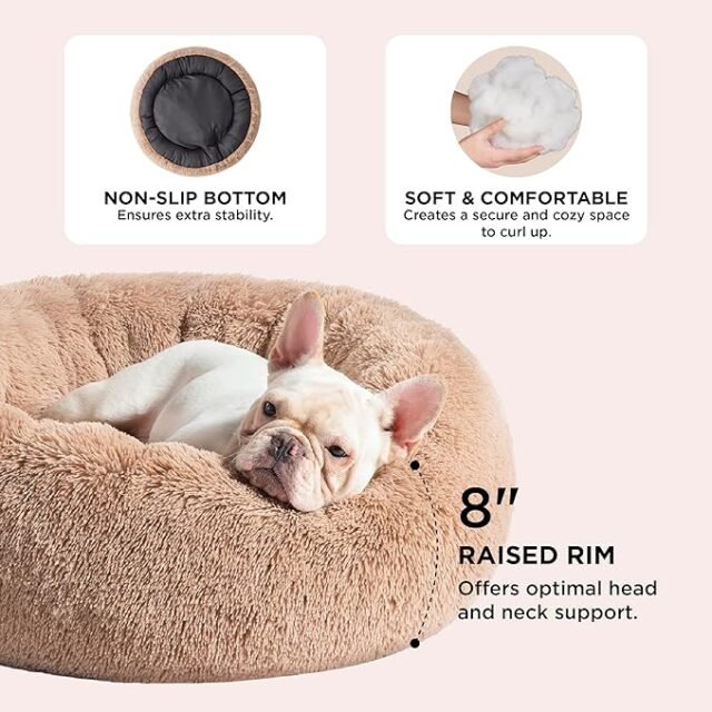 Bedsure Calming Dog Bed Medium Size Dog - Donut Washable Medium Pet Bed, 30 inches Anti-Slip Round Fluffy Plush Faux Fur Cat Bed, Fits up to 45 lbs Pets, Camel - Image 8